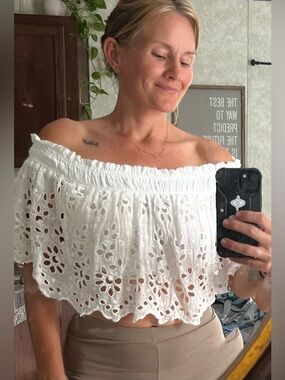 Free People FP One Eyelet Crop Top S White Off Shoulder Boho Festival